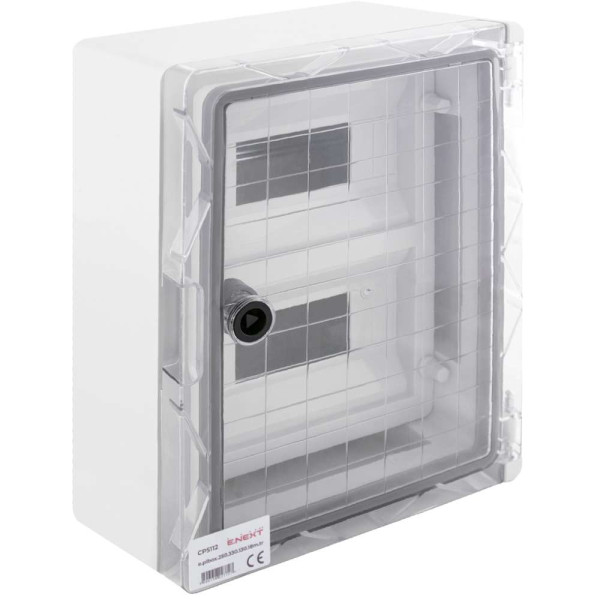 Корпус удароміцний з АБС-пластика e.plbox.250.330.130.18m.tr, 250х330х130мм, IP65 з прозорими дверцятами та панеллю під 18 модулів
