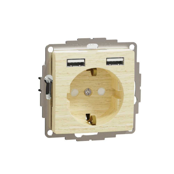 Розетка зі шторками та 2 USB роз’ємами типу A+A, Sedna Design & Elements, Береза- імітація дерева, SDD180052 Schneider Electric